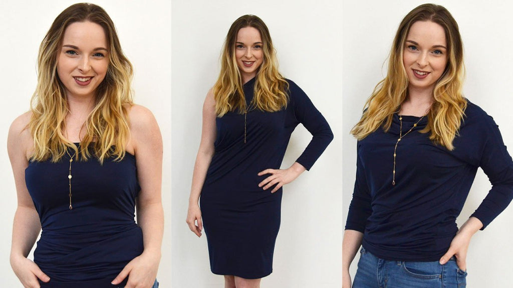 Blonde woman in the Navy Blue Henkaa Calla convertible dress styled in 3 different ways. 
