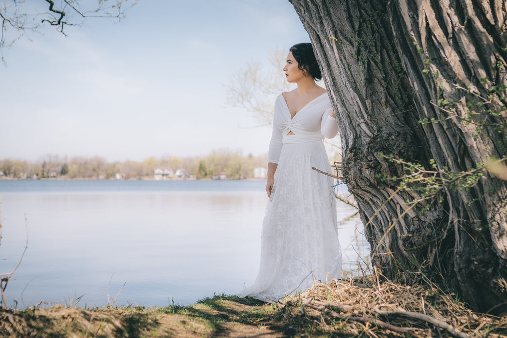 Meet Iris, Our Convertible Off the Shoulder Long Sleeve Wedding Dress