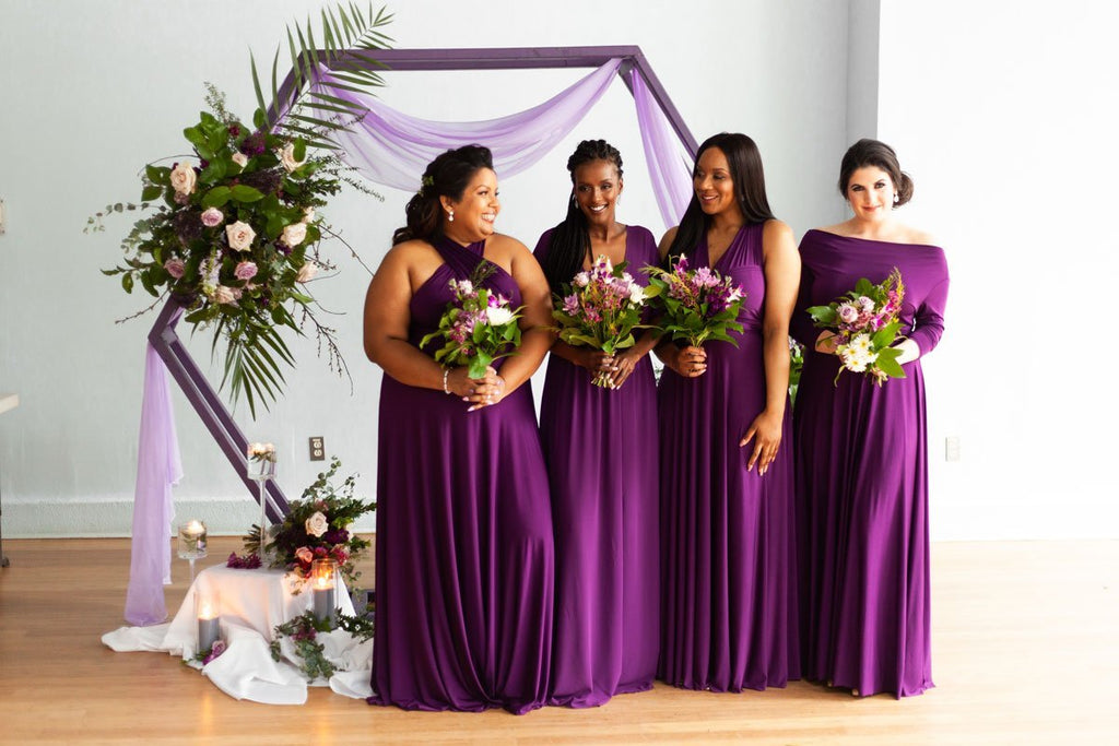 Henkaa convertible dresses in Plum Purple. Models wearing our Sakura Maxi, Daffodil Chiffon and Iris Maxi Convertible Dresses for our Fall/Winter 2019 Lookbook.