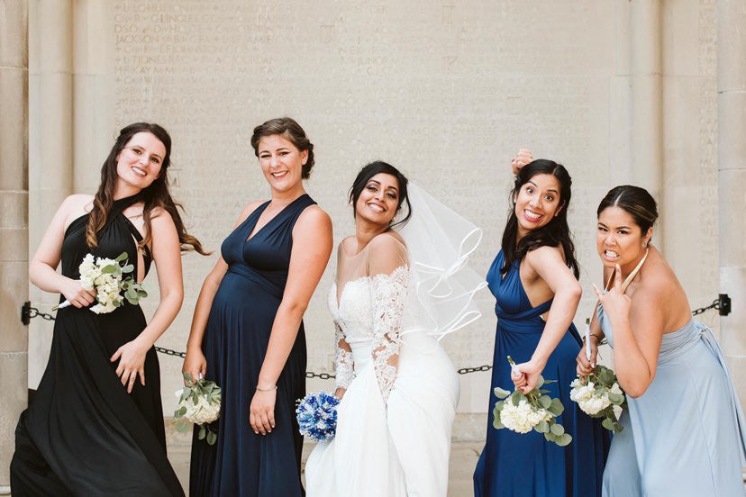 Bridal party wearing shades of blue and black henkaa sakura dress