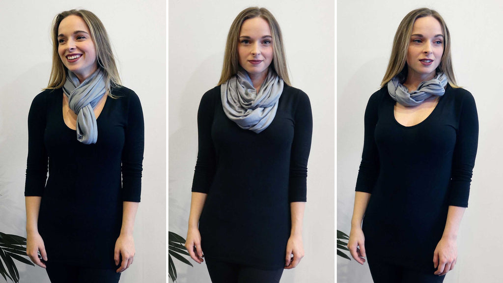 Henkaa Sydney Convertible Infinity Loop Scarf shown on model in 3 different ways. perfect for layering, warmth, travelling and work! 