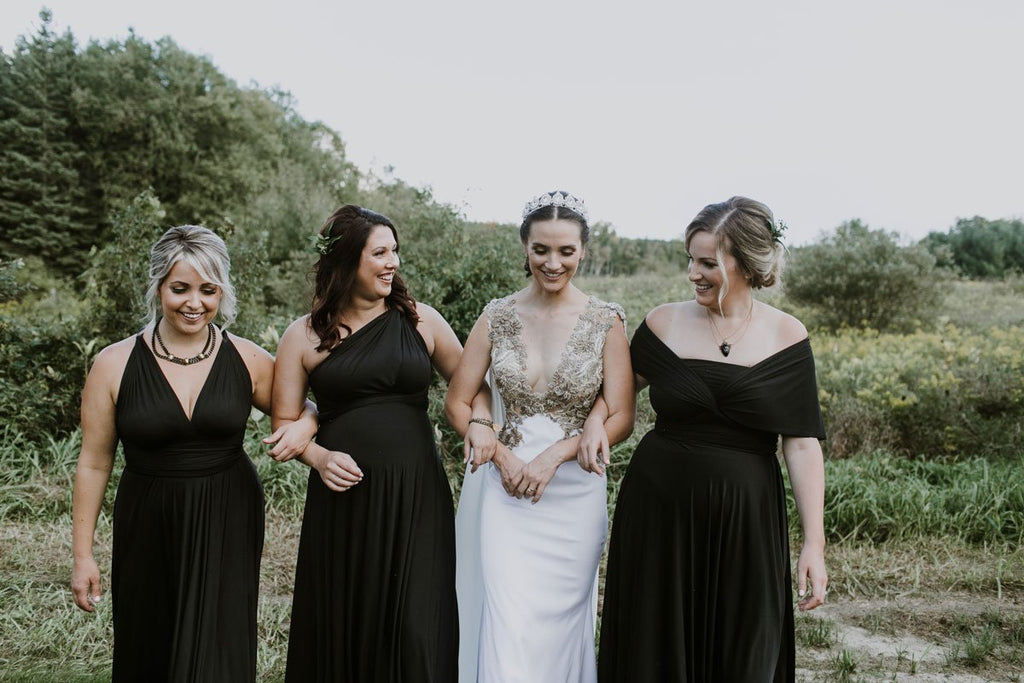 Henkaa Night Black Sakura Maxi infinity dresses worn on bridesmaids for Medieval themed wedding.