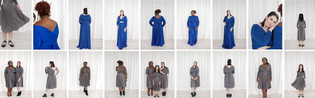 Grid of Iris multiway wrap dresses Henkaa royal blue charcoal grey on 3 models