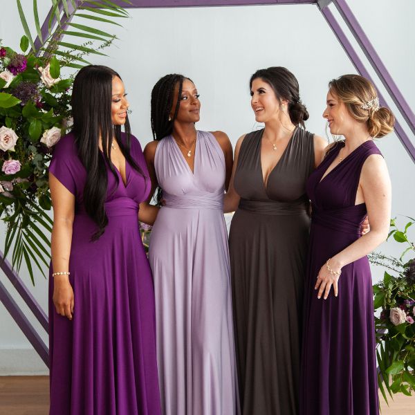 4 bridesmaids in Henkaa Sakura Infinity Dresses ombre purple and charcoal grey